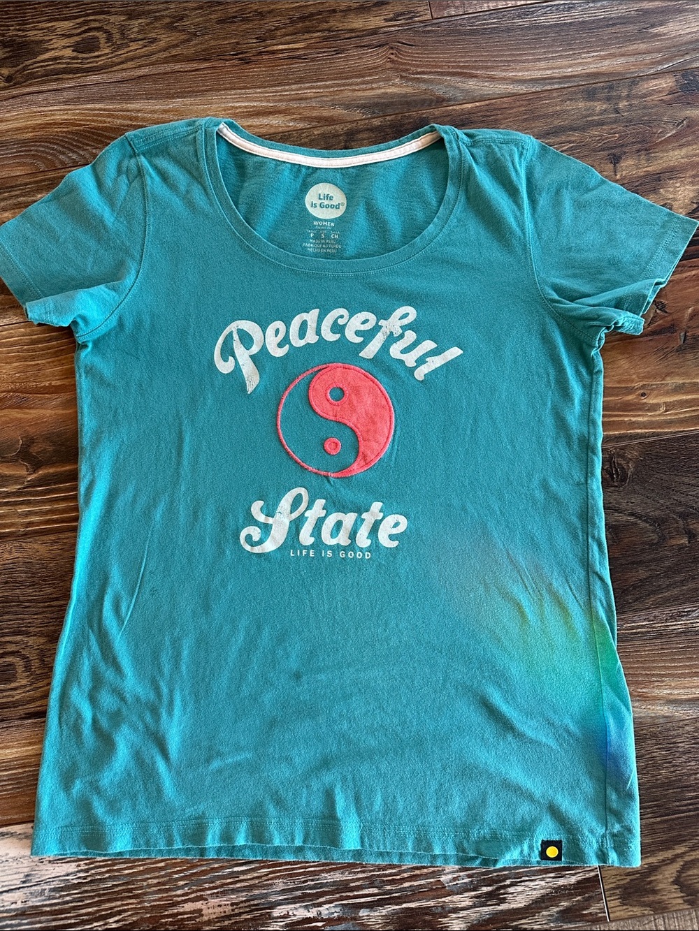 Life Is Good Teal Graphic Tee with White Script and Red Yin-Yang